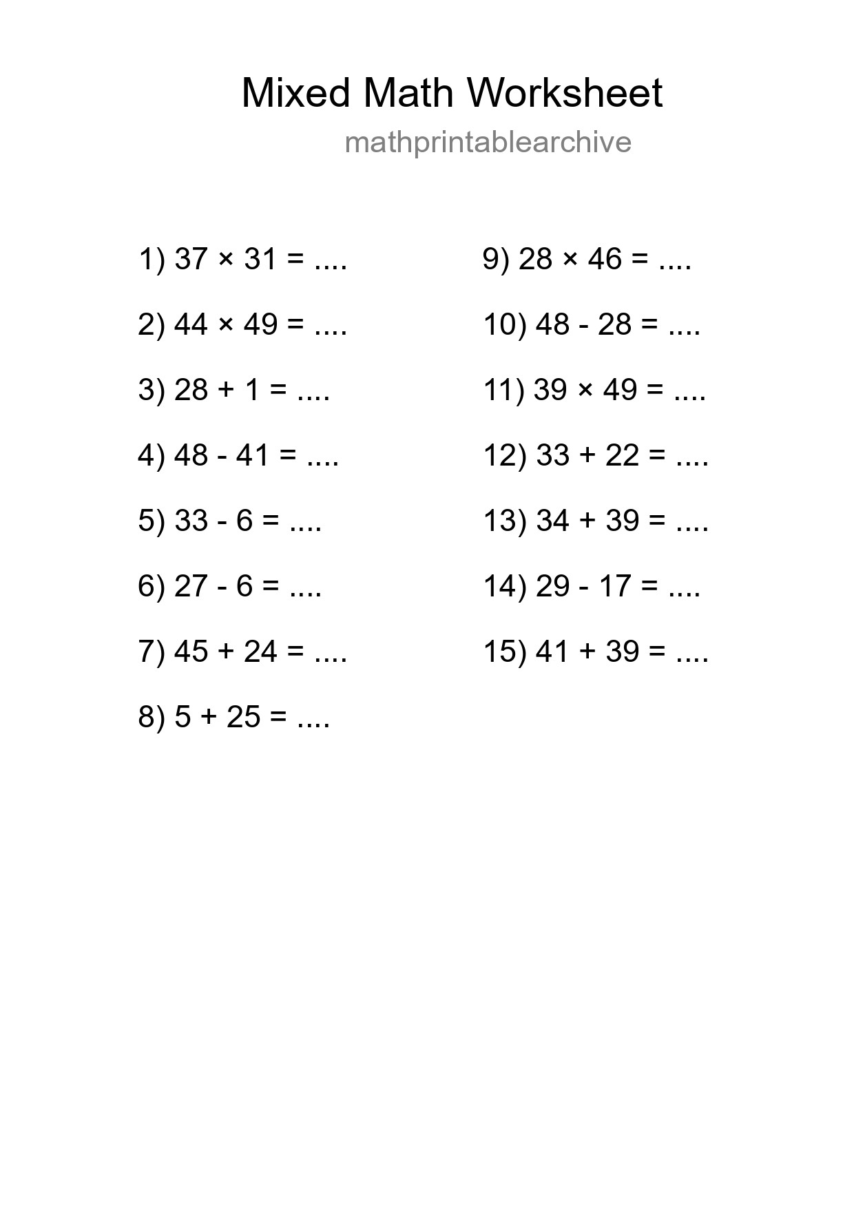 Mixed Operations Math Worksheet