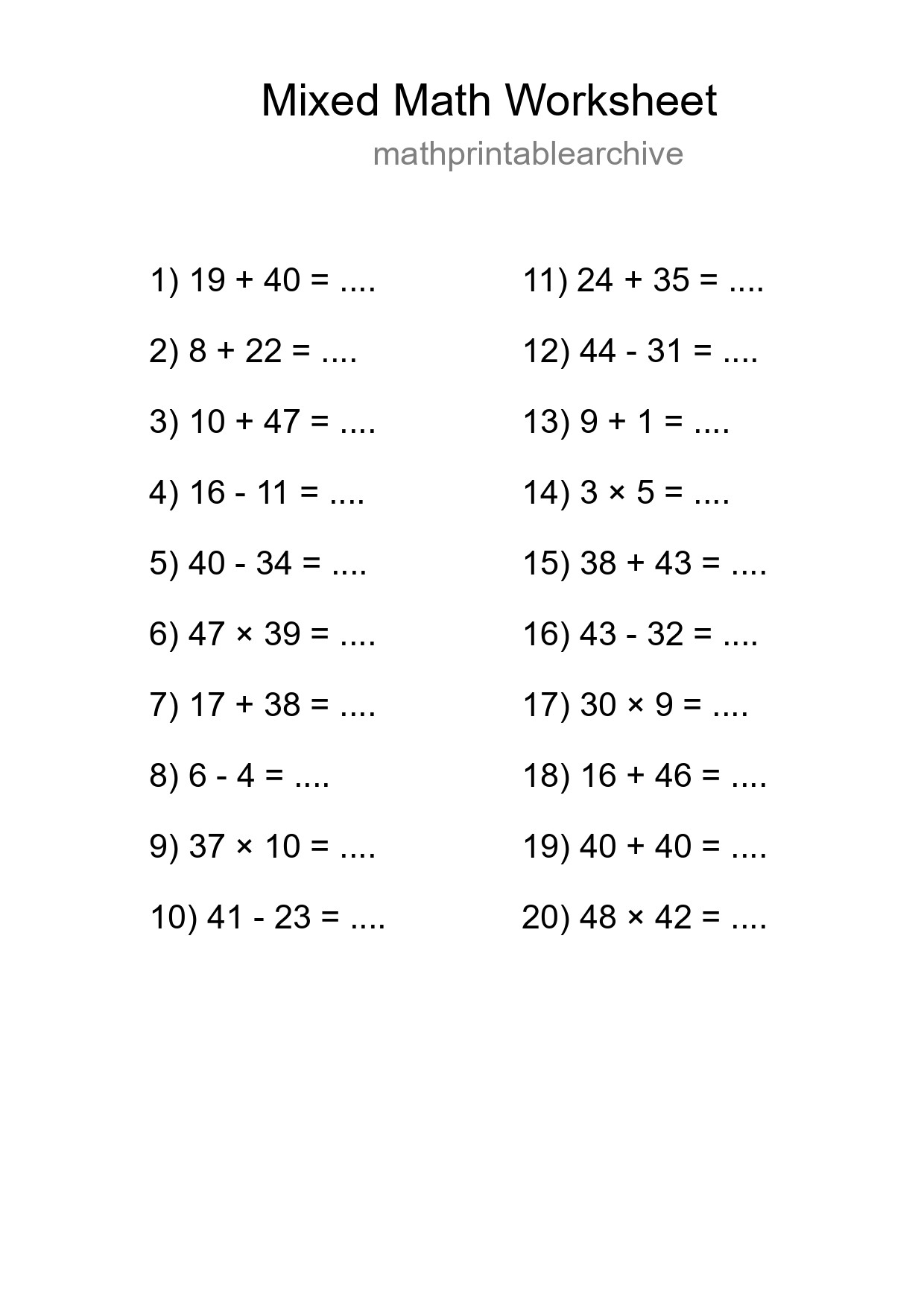 Mixed Operations Math Worksheet
