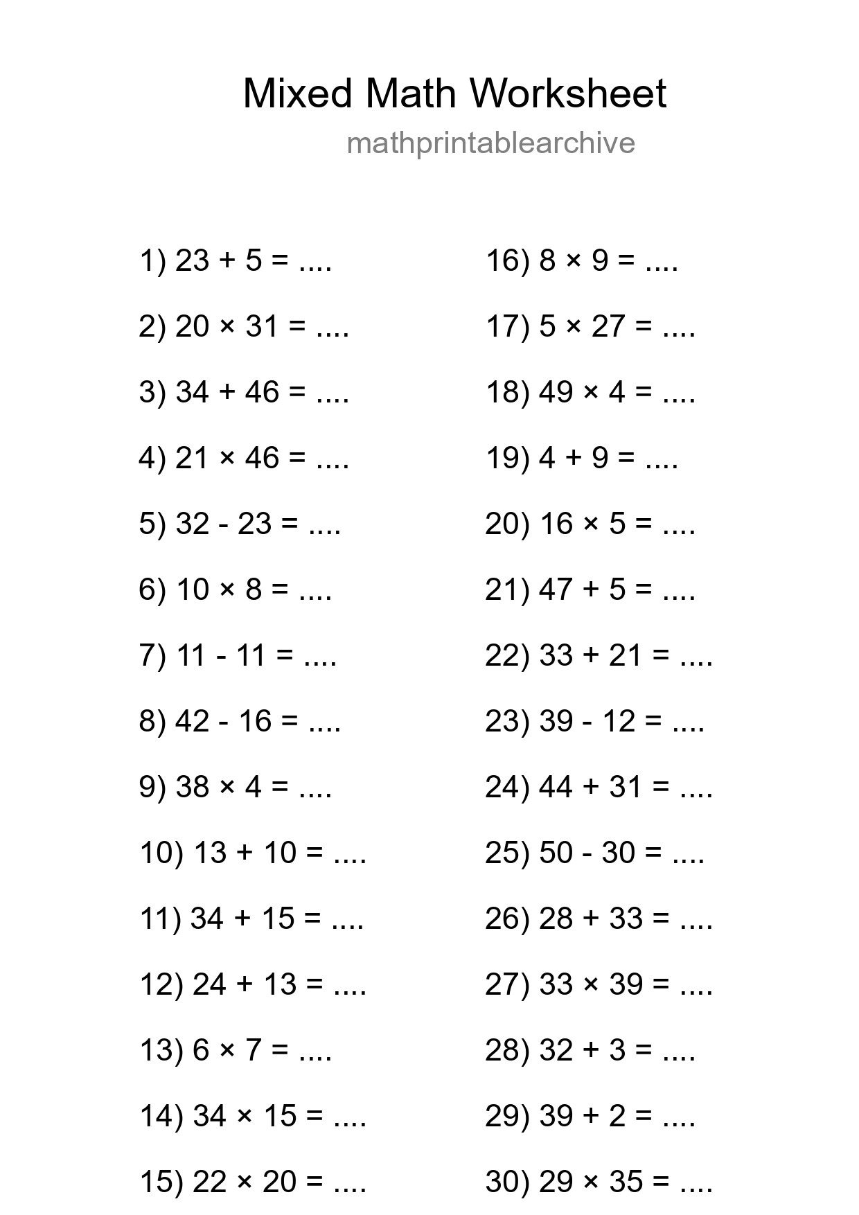 Mixed Operations Math Worksheet