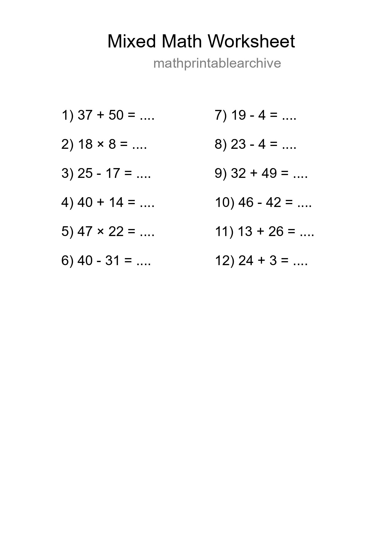 Mixed Operations Math Worksheet