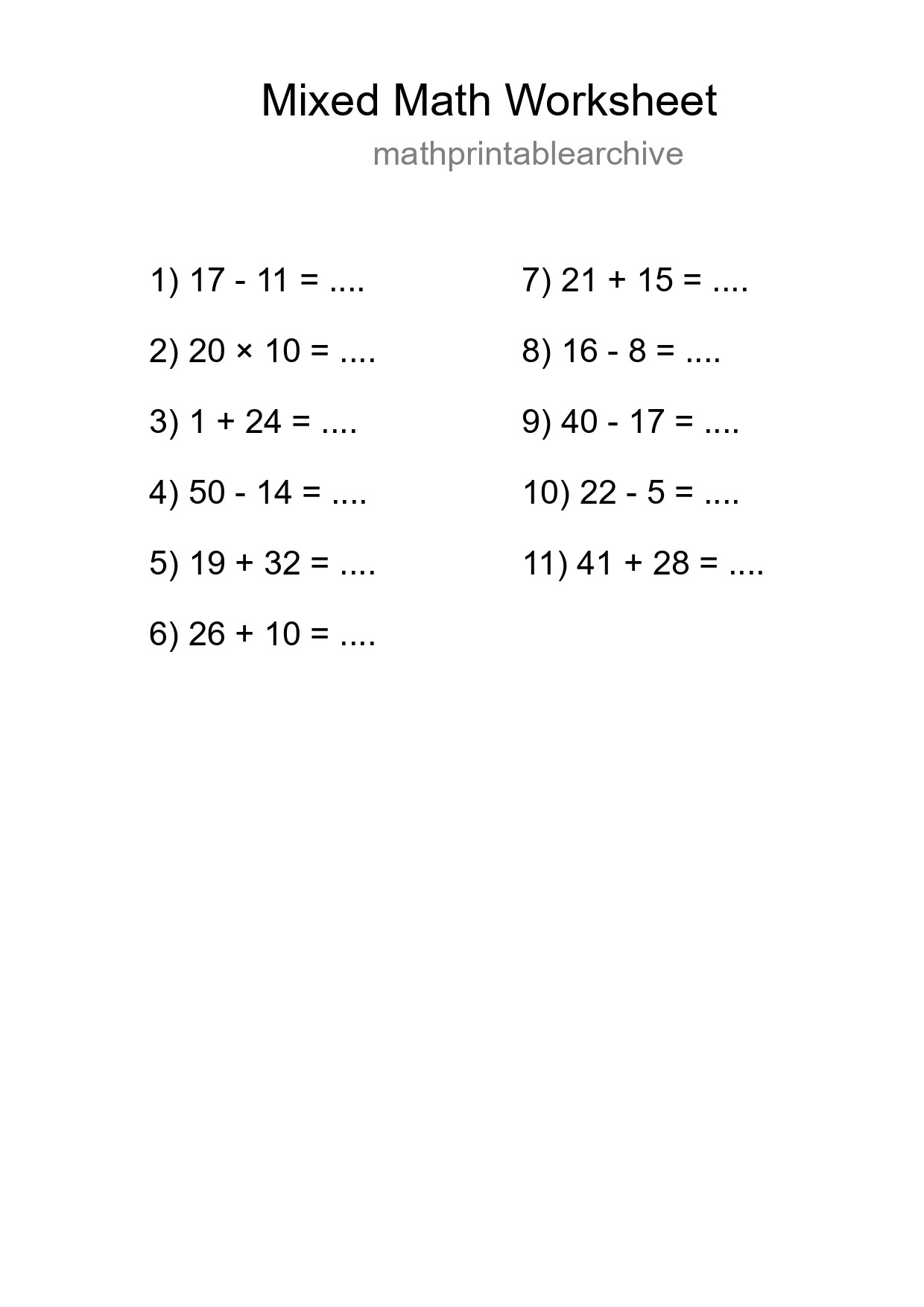 Mixed Operations Math Worksheet