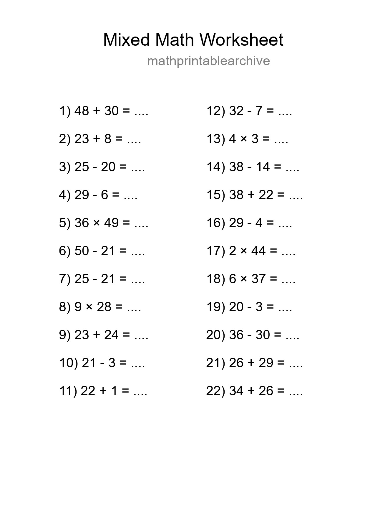 Mixed Operations Math Worksheet