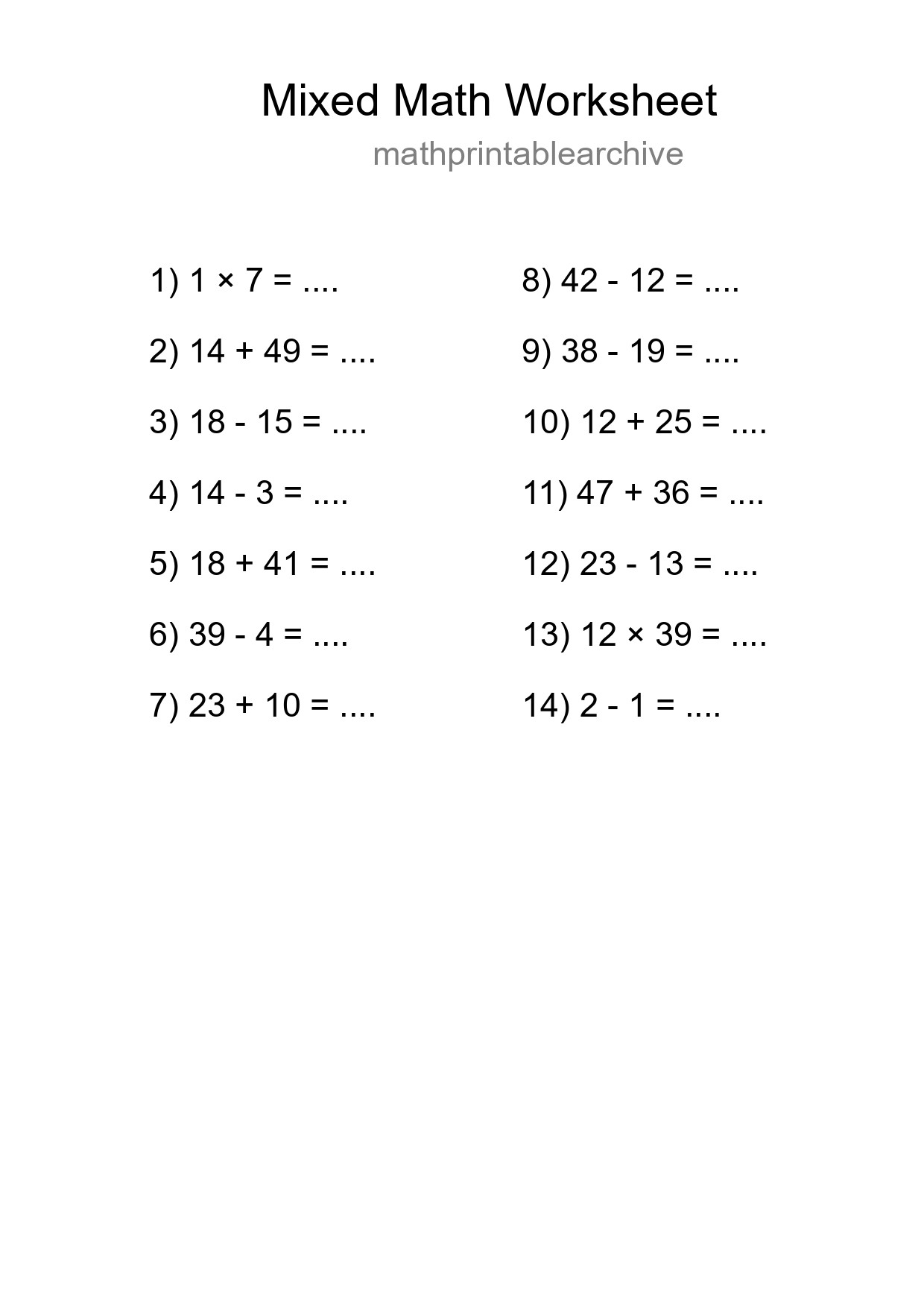 Mixed Operations Math Worksheet