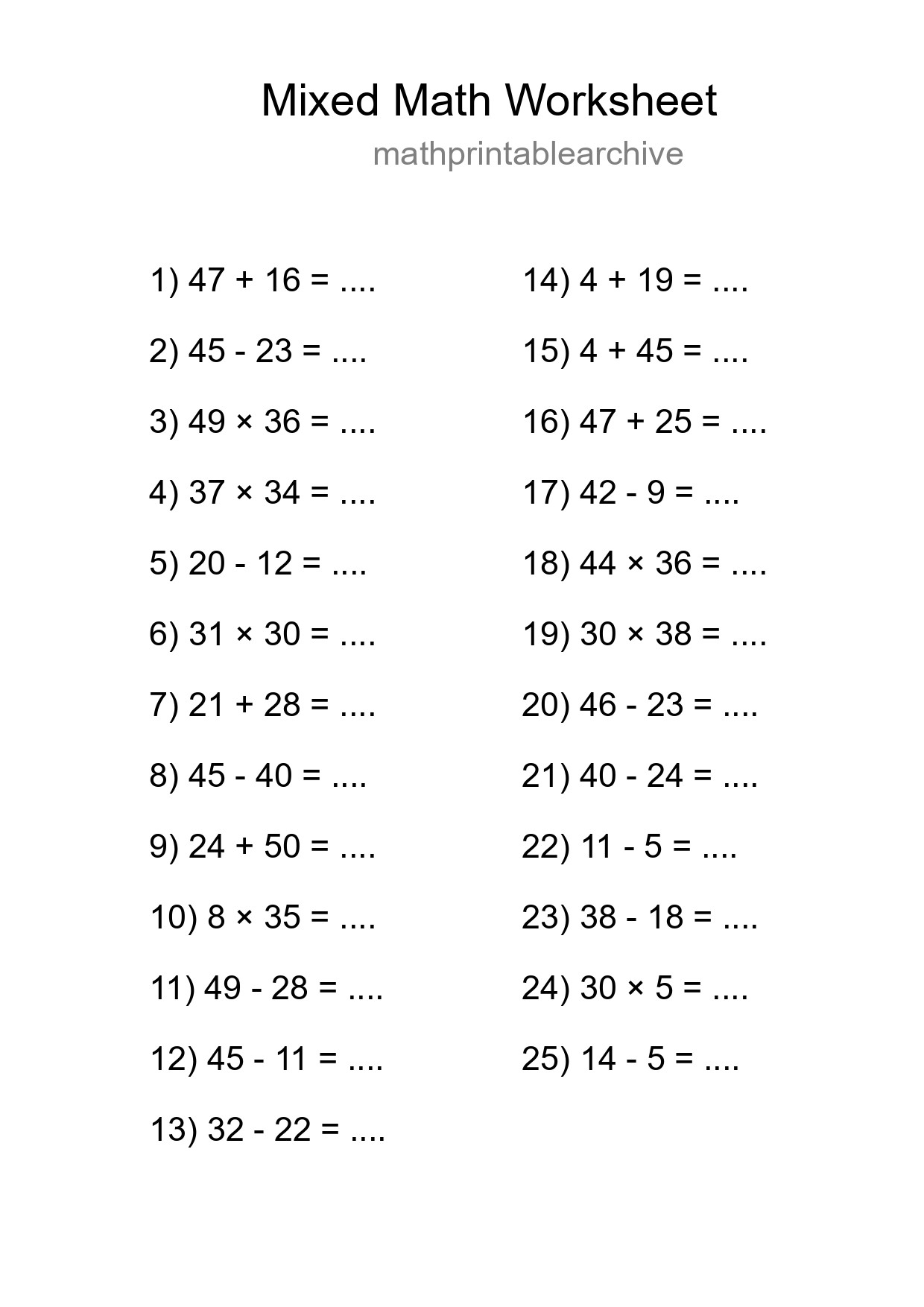 Mixed Operations Math Worksheet