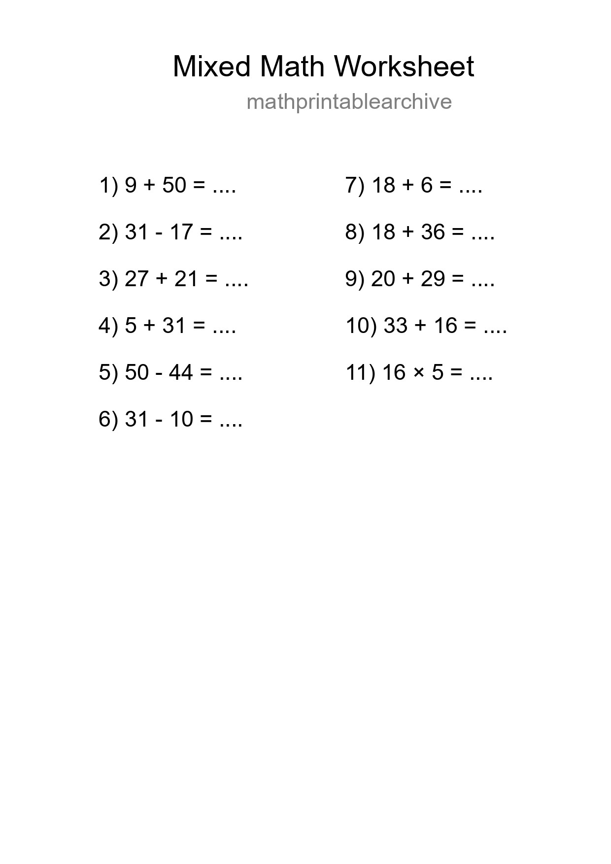 Mixed Operations Math Worksheet