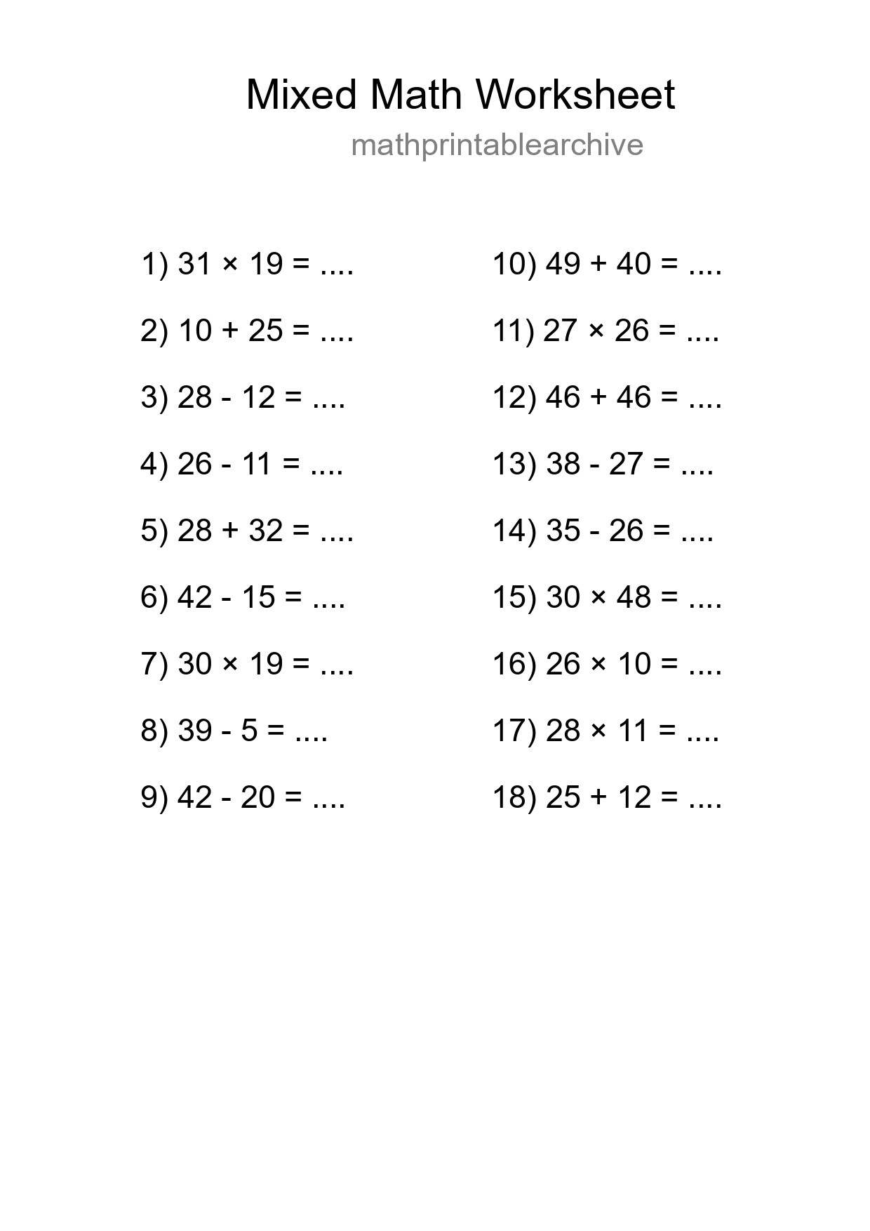 Mixed Operations Math Worksheet