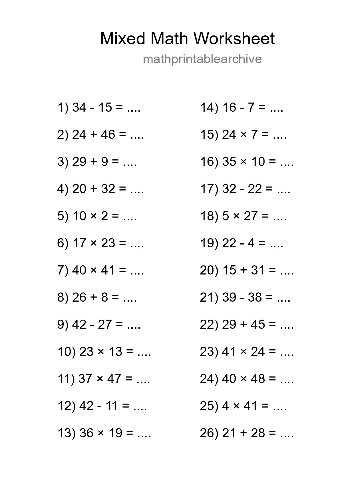 Mixed Operations Math Worksheet