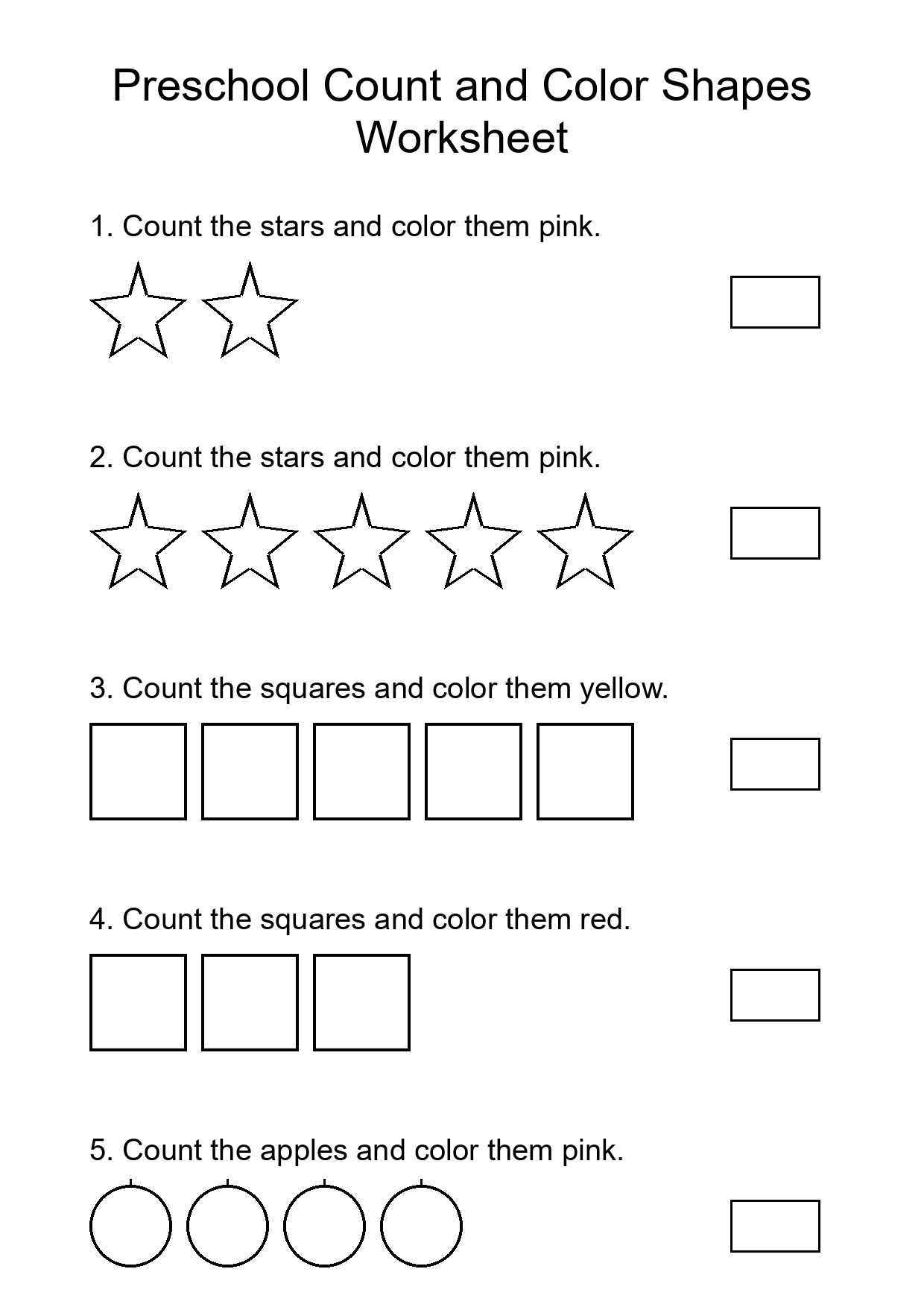Preschool Count and Color Shapes Worksheet