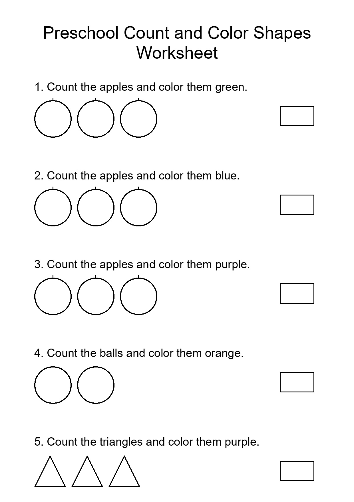 Preschool Count and Color Shapes Worksheet