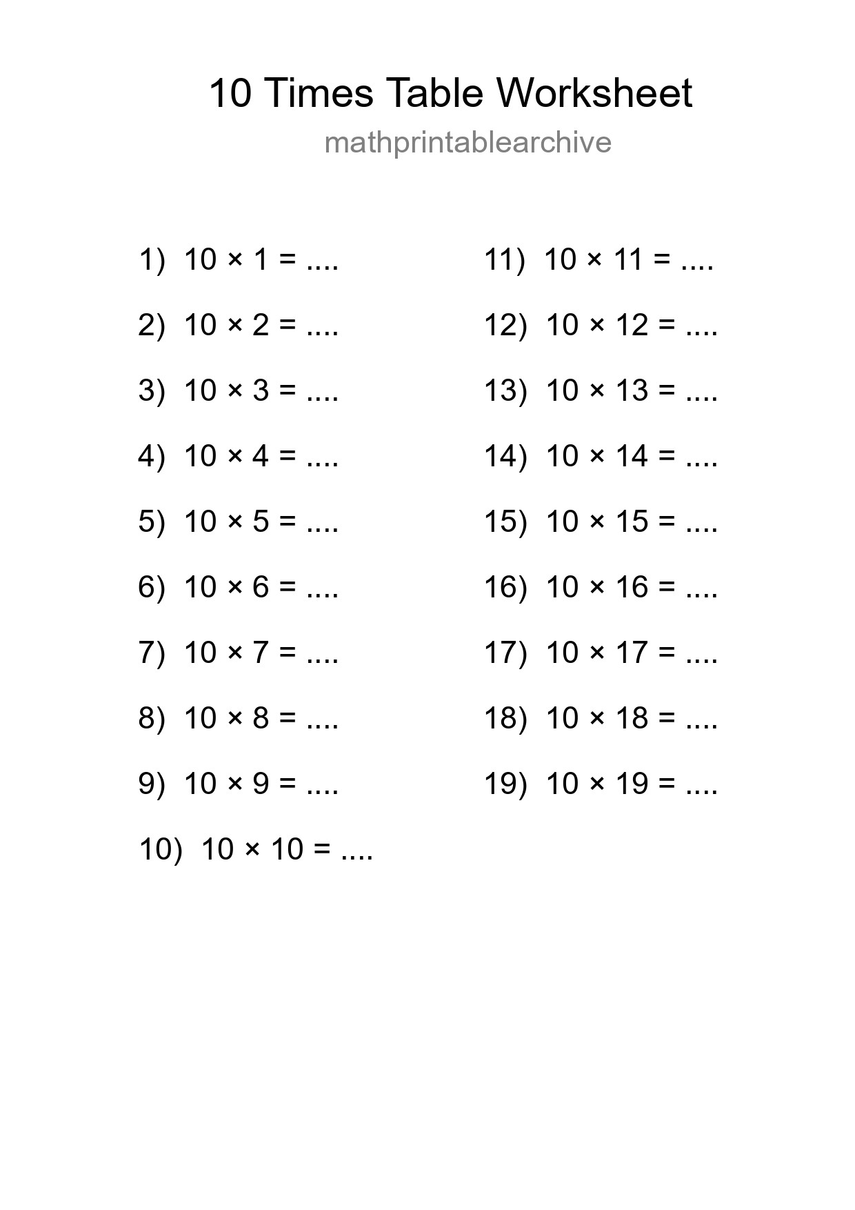 Printable 10 Times Table Worksheet For Grade 3 - Part 20