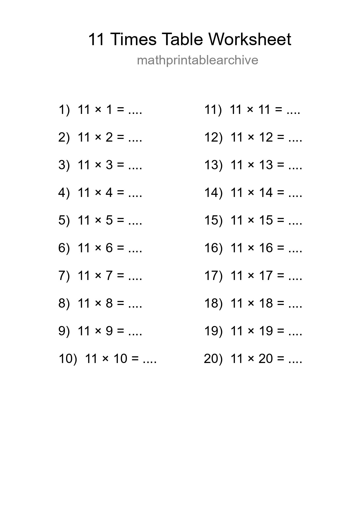 Printable 11 Times Table Worksheet For Grade 4 - Part 119