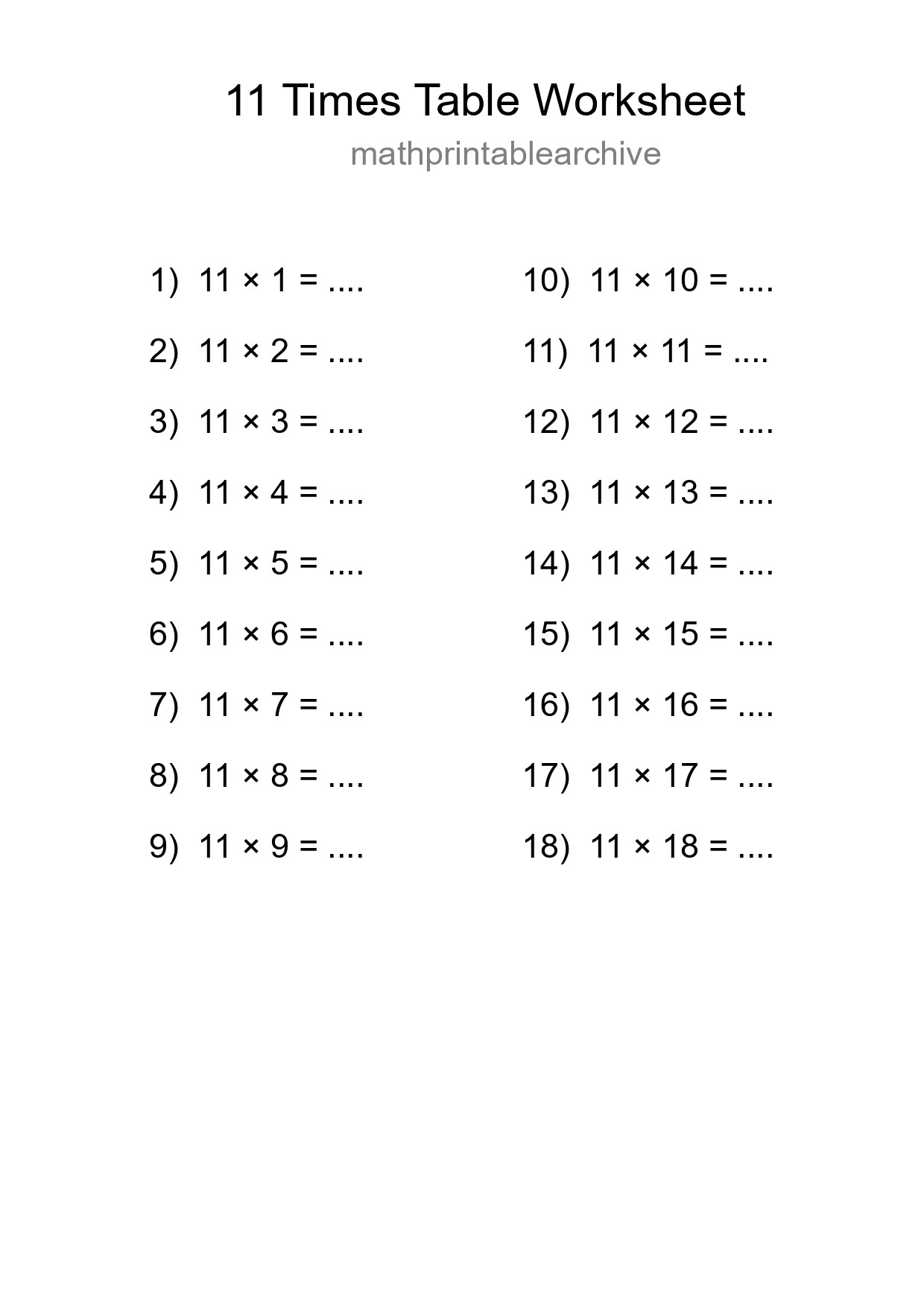 Printable 11 Times Table Worksheet For Grade 4 - Part 64