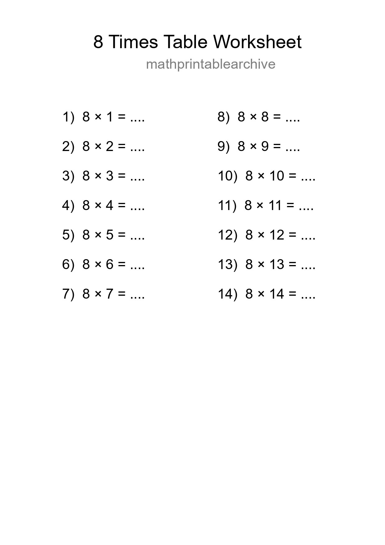Printable 8 Times Table Worksheet For Grade 3 - Part 196