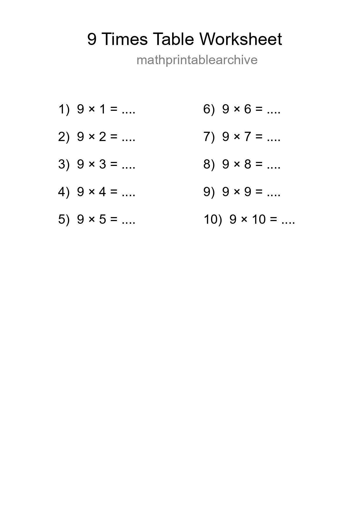 Printable 9 Times Table Worksheet For Grade 3 - Part 163