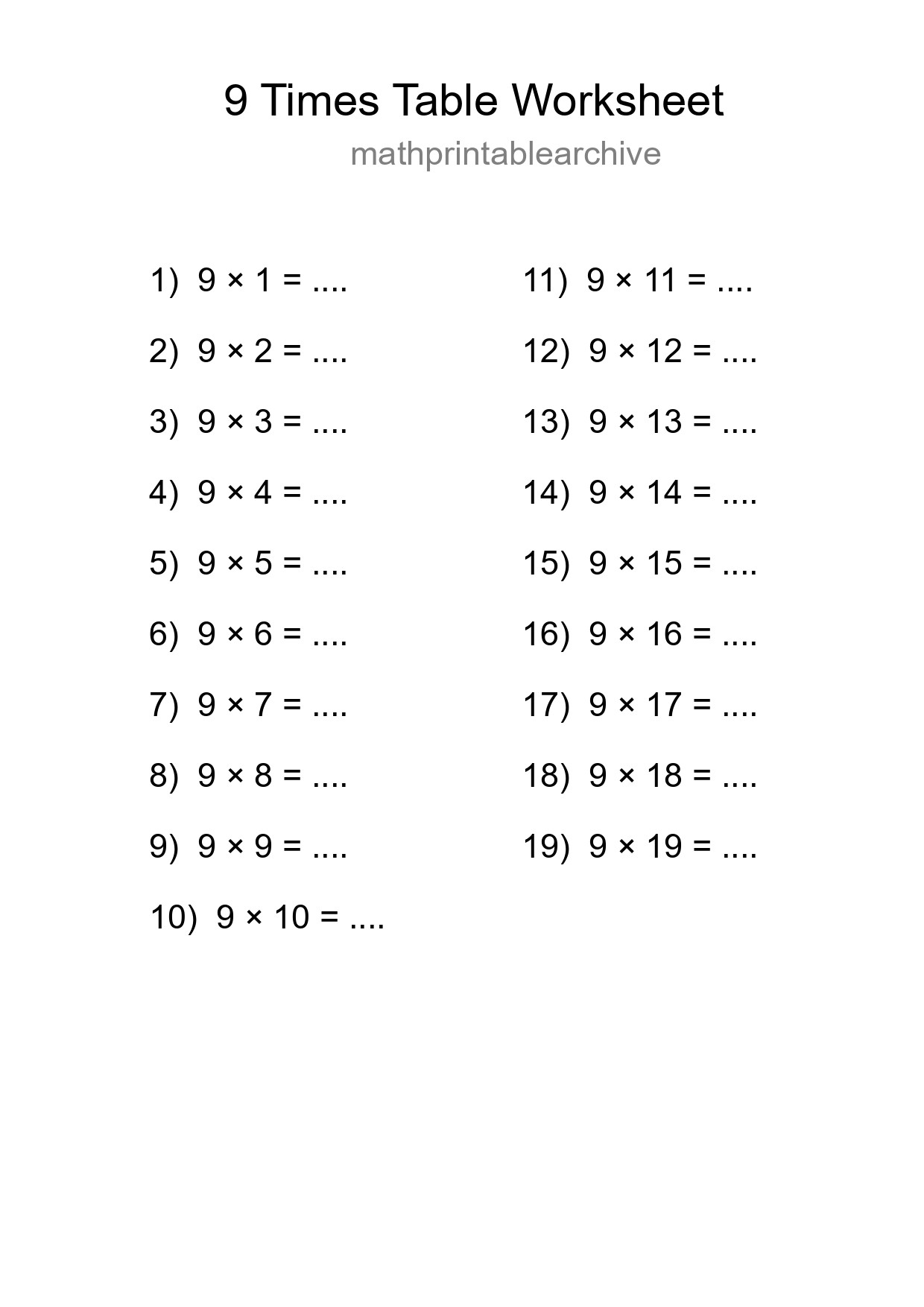 Printable 9 Times Table Worksheet For Grade 3 - Part 273