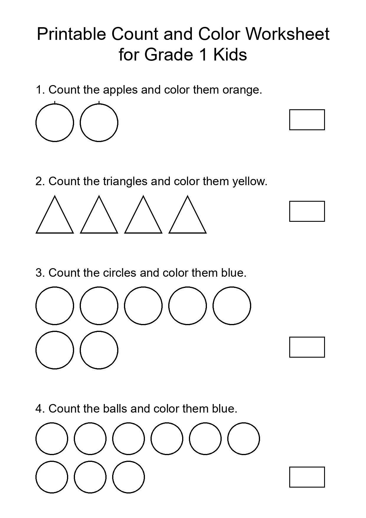 Printable Count and Color Worksheet for Grade 1 Kids