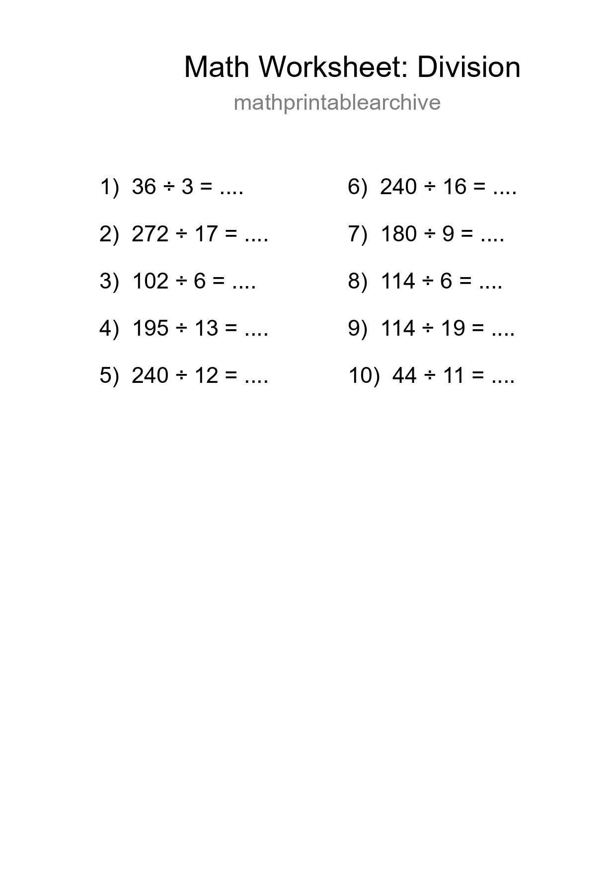 Printable Free 10 Division Math Worksheet For Grade 2 - Part 246