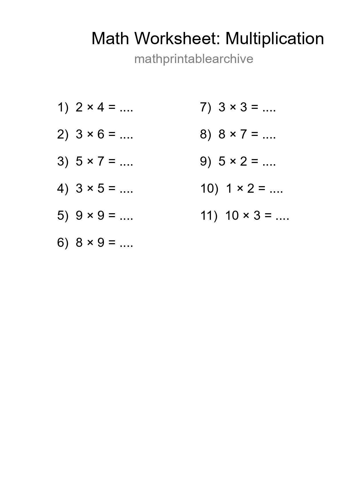 Printable Free 11 Multiplication Math Worksheet For Grade 1 - Part 194