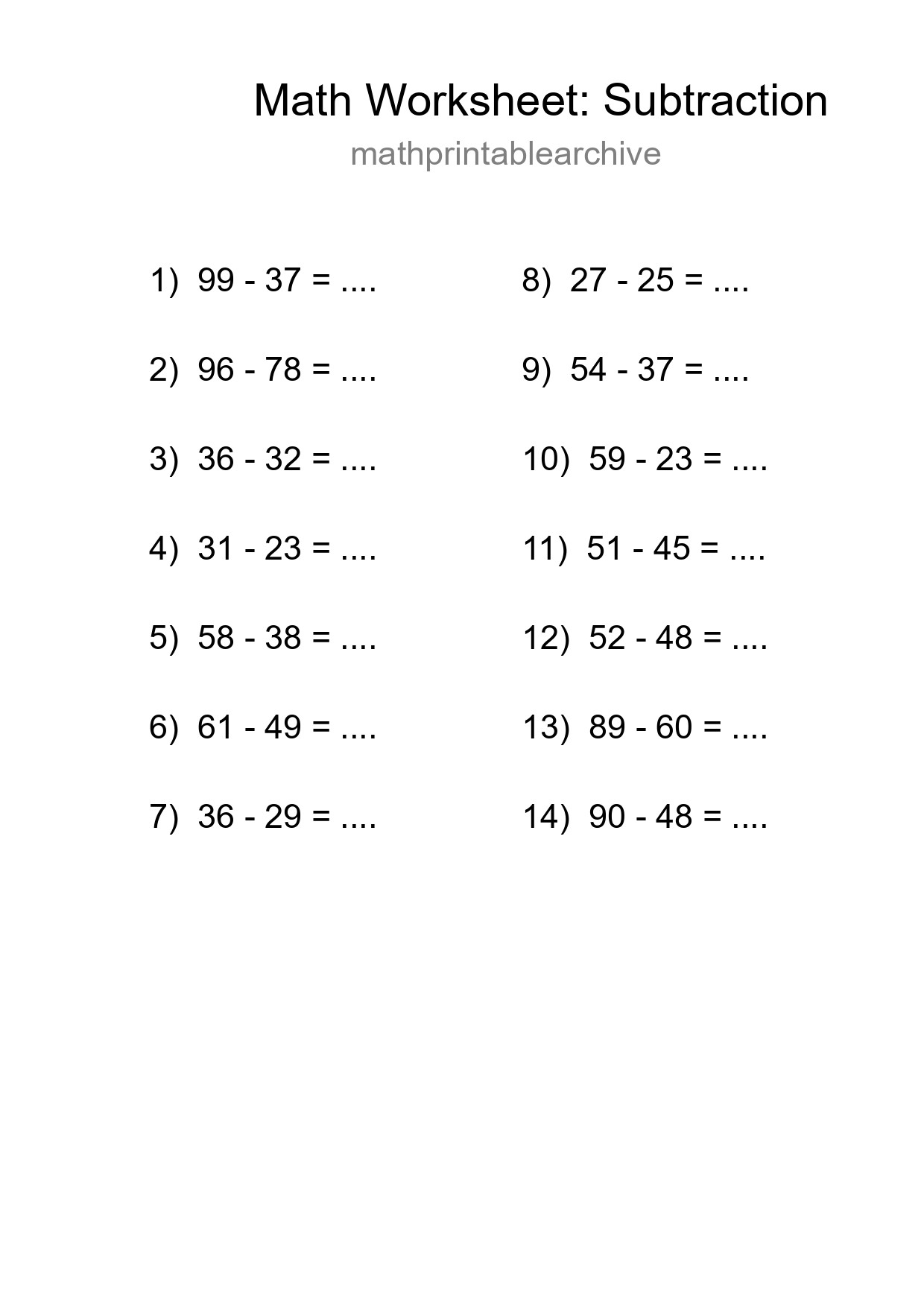 Printable Free 14 Subtraction Math Worksheet For Grade 3 - Part 173