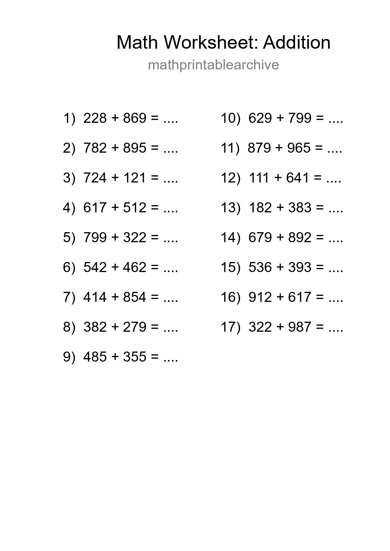 Printable Free 17 Addition Math Worksheet For Grade 5 - Part 100