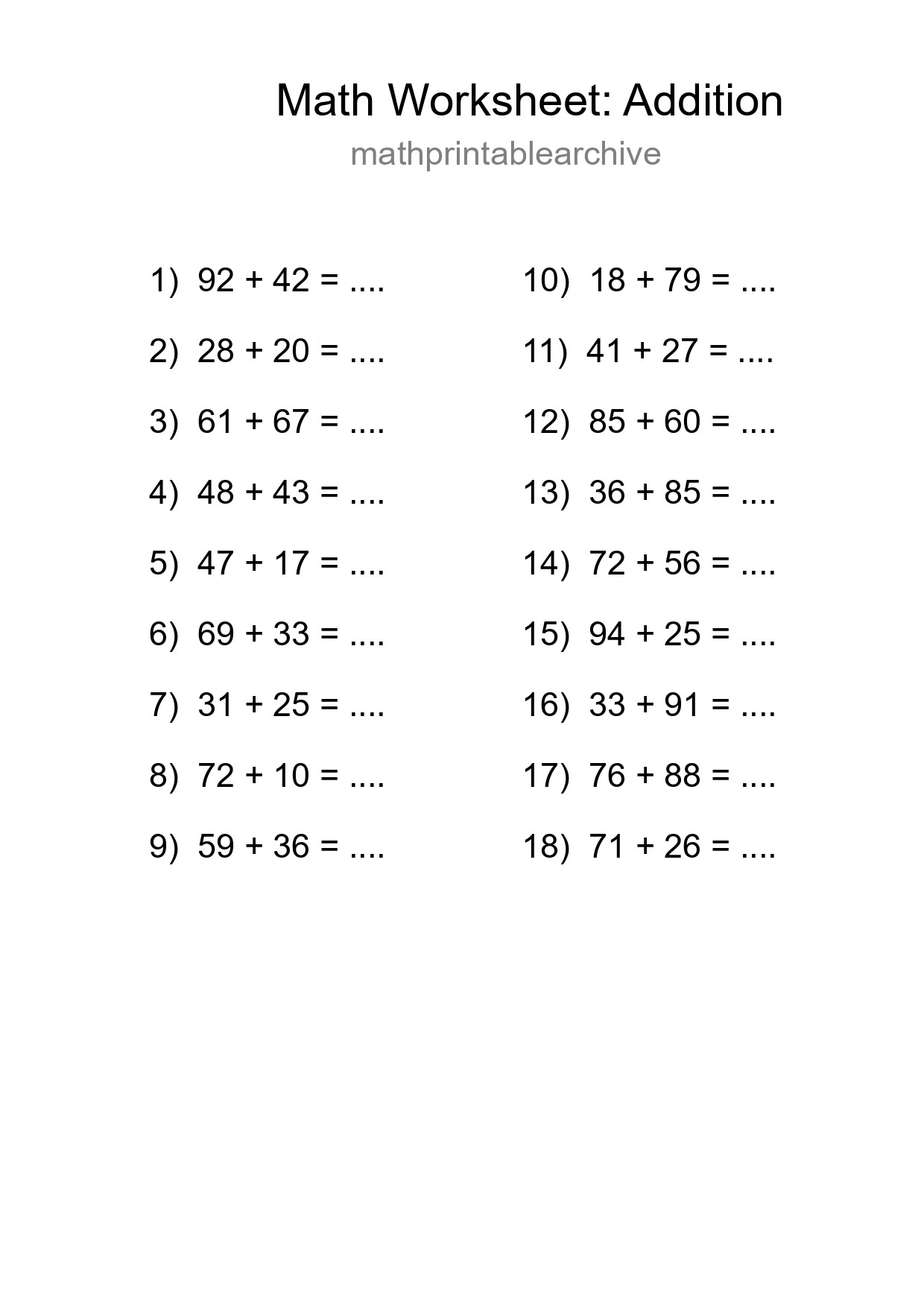 Printable Free 18 Addition Math Worksheet For Grade 3 - Part 265
