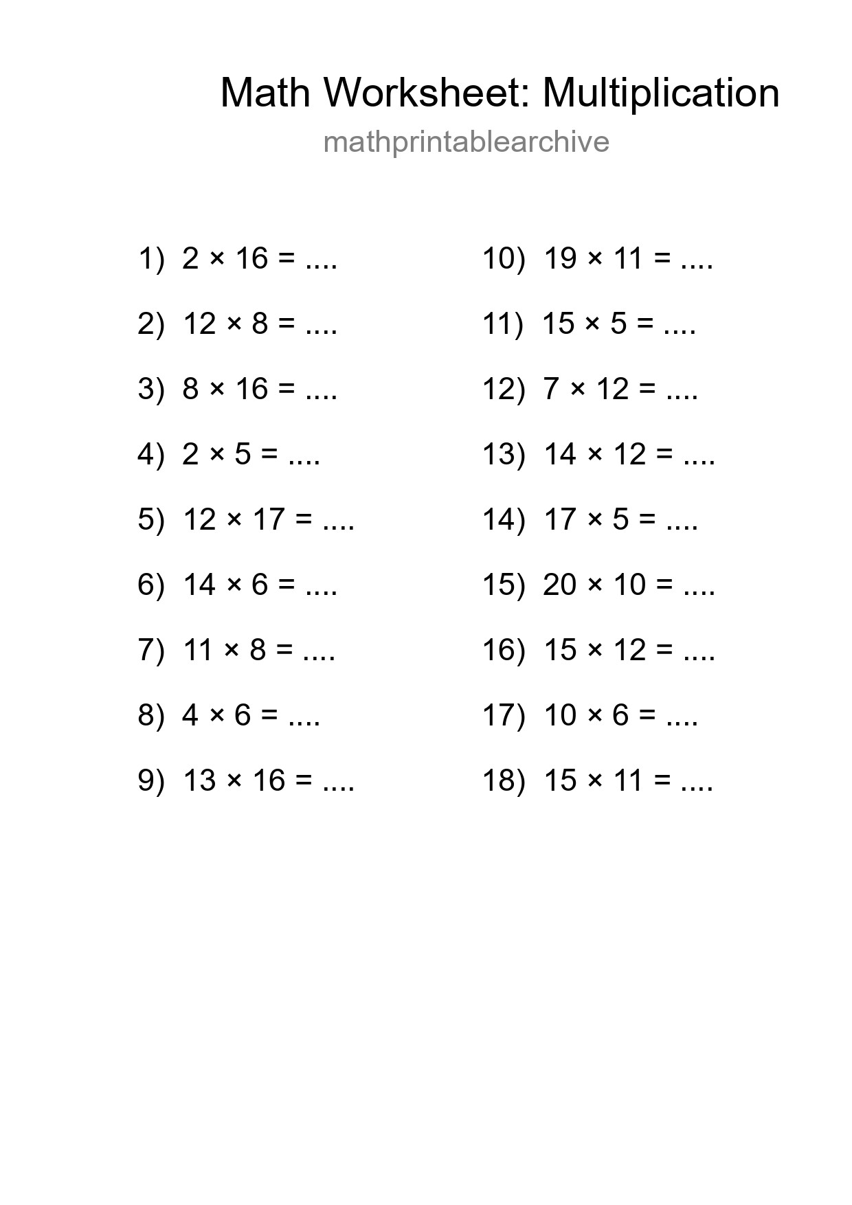 Printable Free 18 Multiplication Math Worksheet For Grade 2 - Part 128