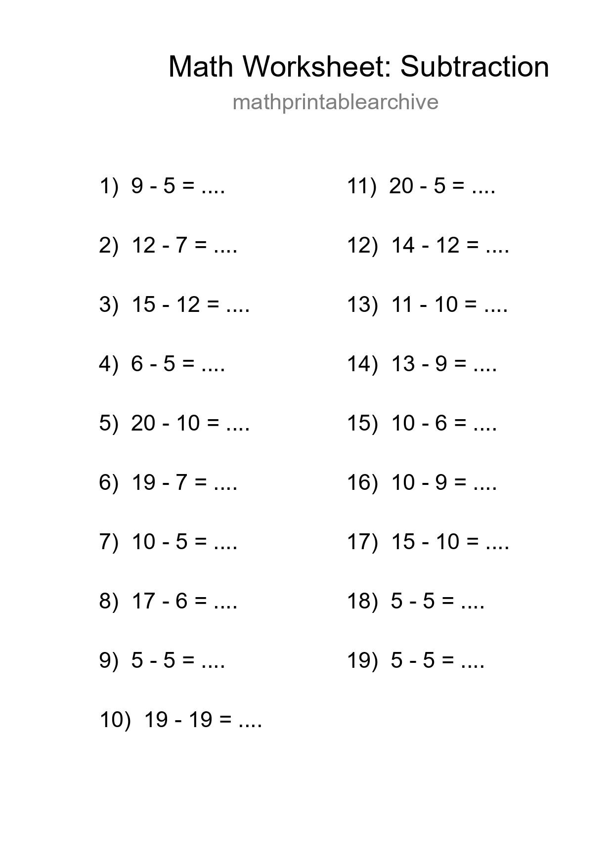 Printable Free 19 Subtraction Math Worksheet For Grade 2 - Part 162