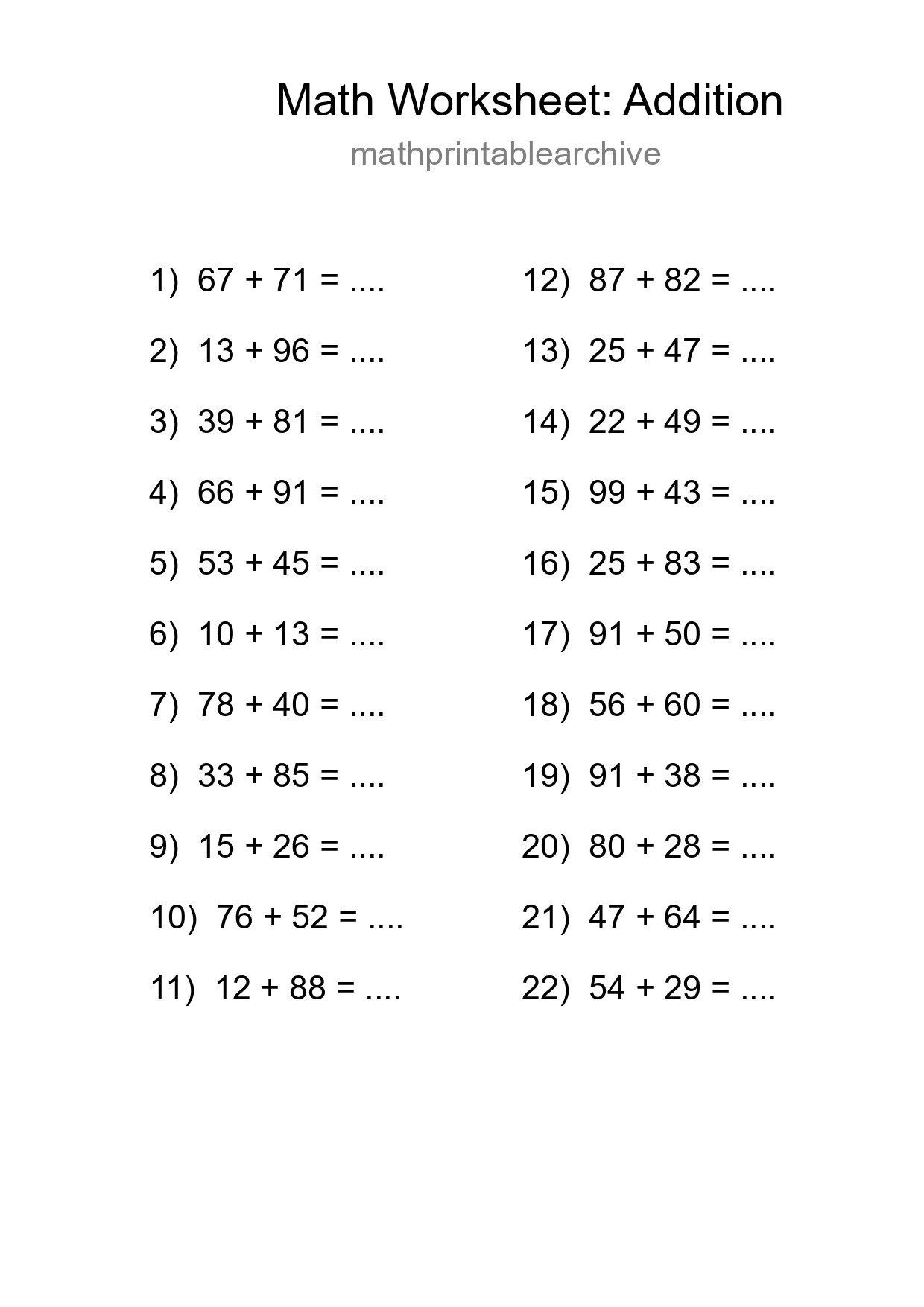Printable Free 22 Addition Math Worksheet For Grade 3 - Part 276