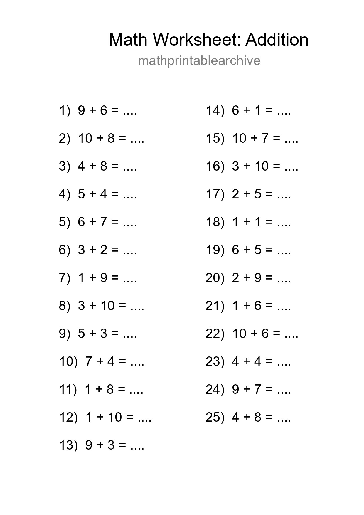 Printable Free 25 Addition Math Worksheet For Grade 1 - Part 155