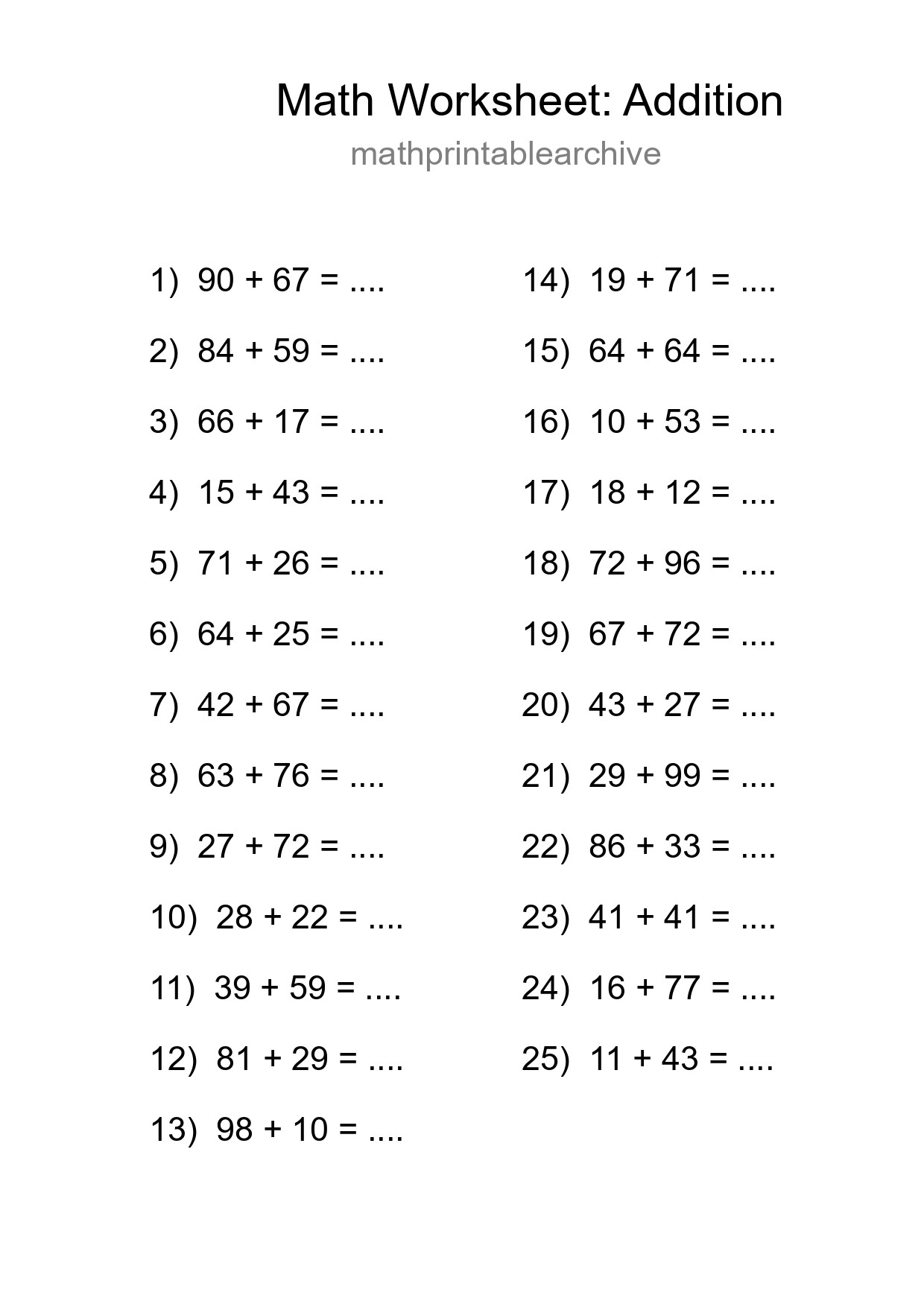 Printable Free 25 Addition Math Worksheet For Grade 3 - Part 144