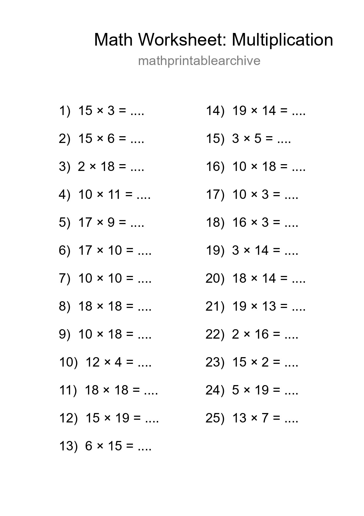 Printable Free 25 Multiplication Math Worksheet For Grade 2 - Part 183
