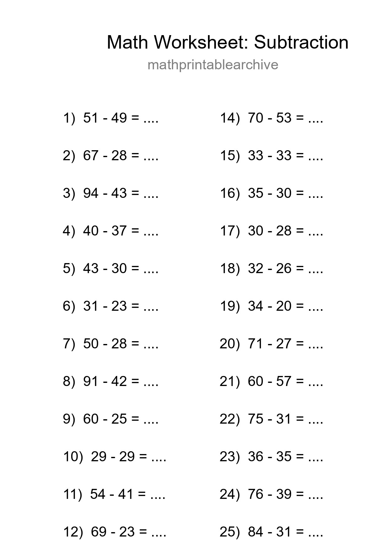 Printable Free 25 Subtraction Math Worksheet For Grade 3 - Part 118