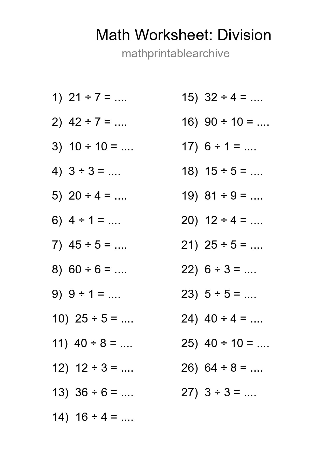 Printable Free 27 Division Math Worksheet For Grade 1 - Part 103